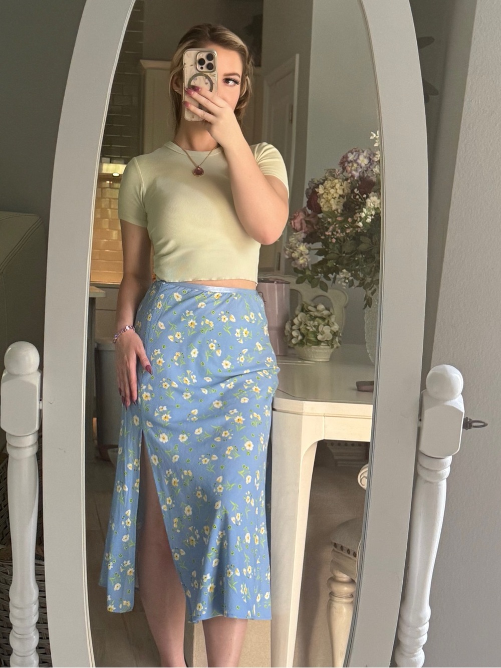 French Connection Light Blue Floral Midi Skirt with Front Slit
